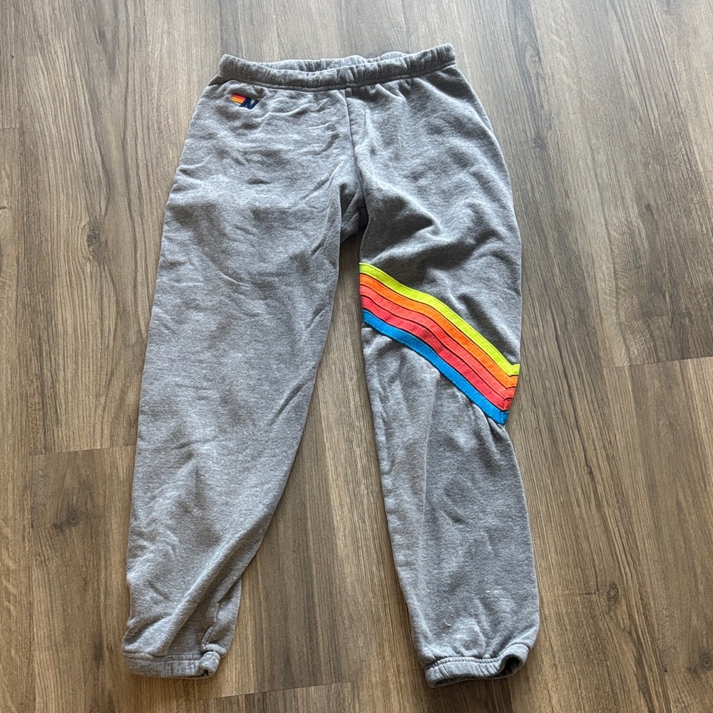 Aviator Nation Gray Joggers with Rainbow Stripes
